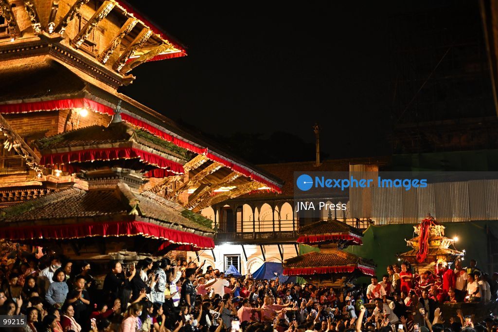KATHMANDU, NEPAL, SEPTEMBER 29, 2026: Women pull the chariots carrying Kathmandu’s three living deities during Nanicha Ya, the final-day procession of the week-long Indra Jatra festival around Hanumandhoka and Kathmandu Durbar Square. Unlike the preceding chariot processions, traditionally led by men, Nanicha Ya marks the festival tradition in which women take over the pulling of the chariots carrying Royal Living Goddess Kumari Aryatara Shakya, Living God Ganesh and Living God Bhairav. Nepalese President Ram Chandra Paudel attended the concluding ceremonies at Hanumandhoka, receiving tika and prasad from the Kumari. The final-day celebrations also included traditional music, Dashavatar performances, members of the Nepali Army’s Gurju Paltan and religious rituals as devotees gathered to mark the conclusion of Indra Jatra. Photo by Safal Prakash Shrestha / JNA Press. (Photo by Safal Prakash Shrestha/JNA Press via Nexpher Images)