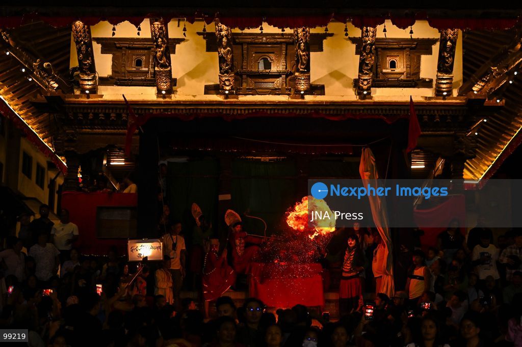 KATHMANDU, NEPAL, SEPTEMBER 29, 2026: Women pull the chariots carrying Kathmandu’s three living deities during Nanicha Ya, the final-day procession of the week-long Indra Jatra festival around Hanumandhoka and Kathmandu Durbar Square. Unlike the preceding chariot processions, traditionally led by men, Nanicha Ya marks the festival tradition in which women take over the pulling of the chariots carrying Royal Living Goddess Kumari Aryatara Shakya, Living God Ganesh and Living God Bhairav. Nepalese President Ram Chandra Paudel attended the concluding ceremonies at Hanumandhoka, receiving tika and prasad from the Kumari. The final-day celebrations also included traditional music, Dashavatar performances, members of the Nepali Army’s Gurju Paltan and religious rituals as devotees gathered to mark the conclusion of Indra Jatra. Photo by Safal Prakash Shrestha / JNA Press. (Photo by Safal Prakash Shrestha/JNA Press via Nexpher Images)