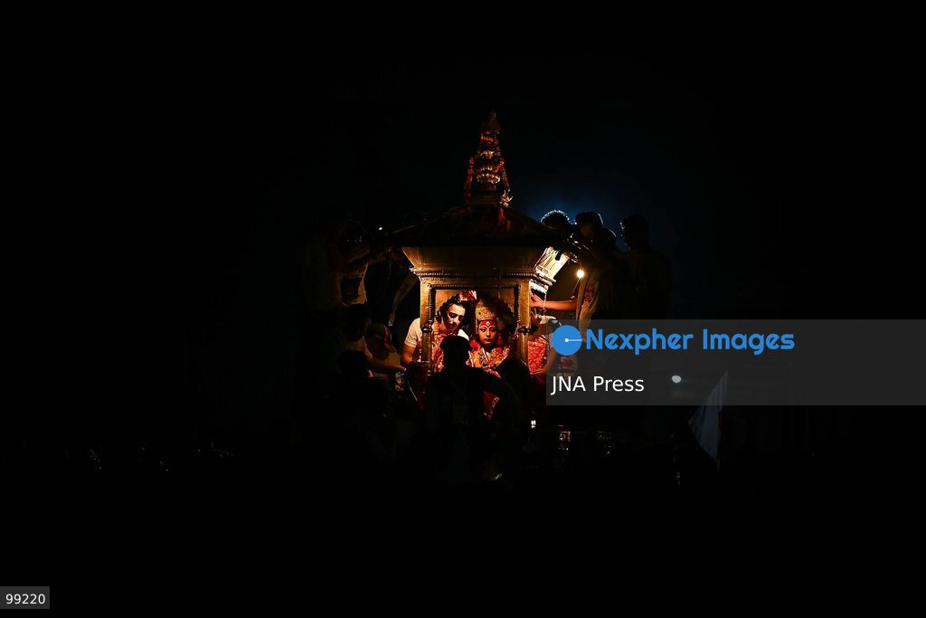 KATHMANDU, NEPAL, SEPTEMBER 29, 2026: Women pull the chariots carrying Kathmandu’s three living deities during Nanicha Ya, the final-day procession of the week-long Indra Jatra festival around Hanumandhoka and Kathmandu Durbar Square. Unlike the preceding chariot processions, traditionally led by men, Nanicha Ya marks the festival tradition in which women take over the pulling of the chariots carrying Royal Living Goddess Kumari Aryatara Shakya, Living God Ganesh and Living God Bhairav. Nepalese President Ram Chandra Paudel attended the concluding ceremonies at Hanumandhoka, receiving tika and prasad from the Kumari. The final-day celebrations also included traditional music, Dashavatar performances, members of the Nepali Army’s Gurju Paltan and religious rituals as devotees gathered to mark the conclusion of Indra Jatra. Photo by Safal Prakash Shrestha / JNA Press. (Photo by Safal Prakash Shrestha/JNA Press via Nexpher Images)