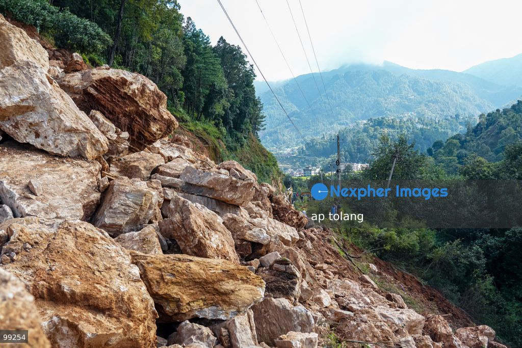 LALITPUR, NEPAL, SEPTEMBER 29, 2026: landslide blocking the Tikabhairab section of the Kanti Highway in Lalitpur following heavy rainfall. The landslide covered the roadway with mud and debris, disrupting traffic along the route. (Photo by ap tolang/Nexpher Images)