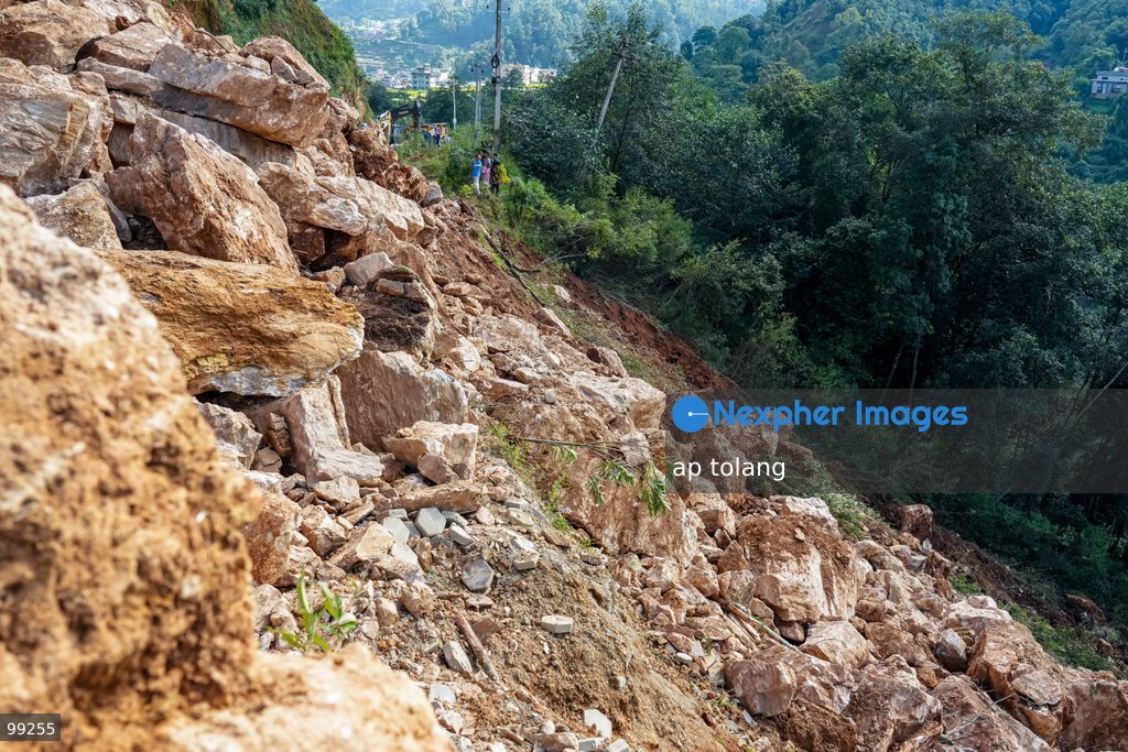 LALITPUR, NEPAL, SEPTEMBER 29, 2026: landslide blocking the Tikabhairab section of the Kanti Highway in Lalitpur following heavy rainfall. The landslide covered the roadway with mud and debris, disrupting traffic along the route. (Photo by ap tolang/Nexpher Images)