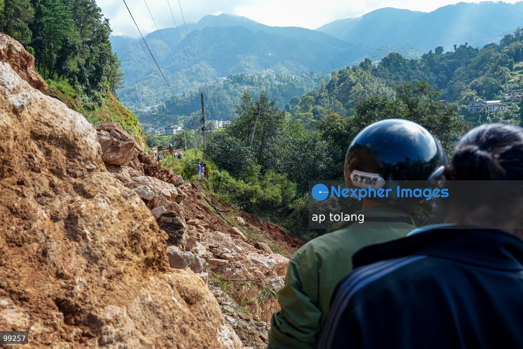 LALITPUR, NEPAL, SEPTEMBER 29, 2026: landslide blocking the Tikabhairab section of the Kanti Highway in Lalitpur following heavy rainfall. The landslide covered the roadway with mud and debris, disrupting traffic along the route. (Photo by ap tolang/Nexpher Images)