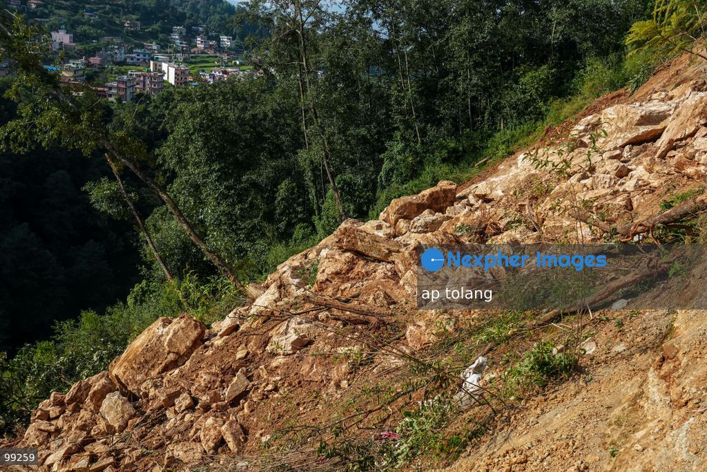 LALITPUR, NEPAL, SEPTEMBER 29, 2026: landslide blocking the Tikabhairab section of the Kanti Highway in Lalitpur following heavy rainfall. The landslide covered the roadway with mud and debris, disrupting traffic along the route. (Photo by ap tolang/Nexpher Images)