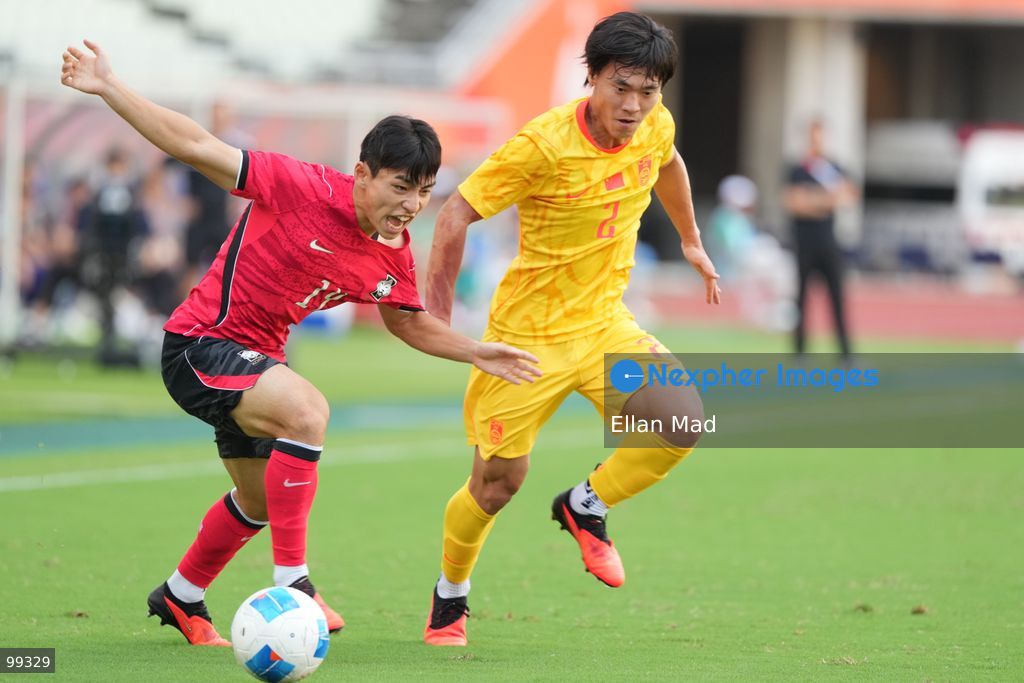 South Korean footballer Lee Hyun-ju and chinese footballer Hu Hetao during a football match between South Korea and China at the 2026 asia games on September 30, 2026 in Nagai Stadium, Osaka, Japan (Photo by Ellan Mad/Nexpher Images)