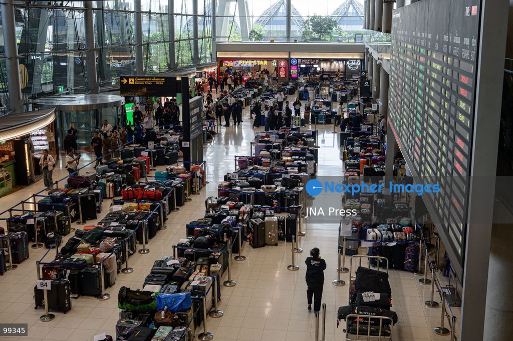 SAMUT PRAKAN, THAILAND, SEPTEMBER 30, 2026: Delayed baggage accumulates at Suvarnabhumi Airport in Samut Prakan as flooding disrupts ground-handling operations and affects the movement of airport personnel. Thousands of pieces of luggage have been left awaiting processing and collection as airport authorities and airlines work to clear the backlog and return baggage to affected passengers. Photo by Watsawat Koktabtim / JNA Press (Photo by Watsawat Koktabtim/JNA Press via Nexpher Images)