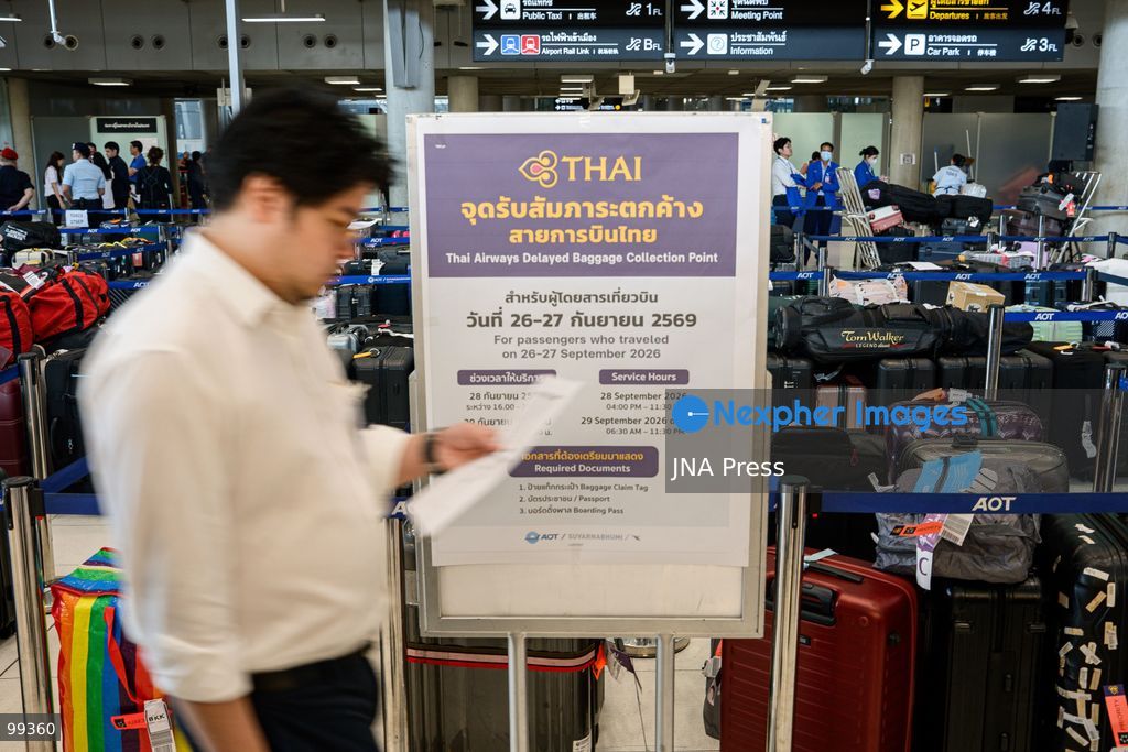 SAMUT PRAKAN, THAILAND, SEPTEMBER 30, 2026: Delayed baggage accumulates at Suvarnabhumi Airport in Samut Prakan as flooding disrupts ground-handling operations and affects the movement of airport personnel. Thousands of pieces of luggage have been left awaiting processing and collection as airport authorities and airlines work to clear the backlog and return baggage to affected passengers. Photo by Watsawat Koktabtim / JNA Press (Photo by Watsawat Koktabtim/JNA Press via Nexpher Images)