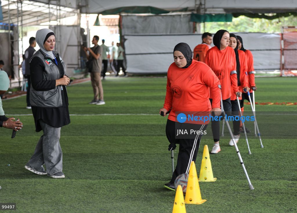 NUSEIRAT, GAZA STRIP, SEPTEMBER 30, 2026: Sixteen-year-old Malak al-Ghoul trains and plays football while living displaced with her family in the Nuseirat refugee camp in the central Gaza Strip. Malak lost her right leg after her family's home in Hamad City was struck on March 2, 2024. Now living with her family of 10 in Nuseirat, she continues to pursue her passion for sport and plays with Palestine's amputee football team, determined to continue training and pursue her ambitions despite her injury and displacement. Photo by Ramzi Abu Amer / JNA Press. (Photo by Ramzi Abu Amer/JNA Press via Nexpher Images)