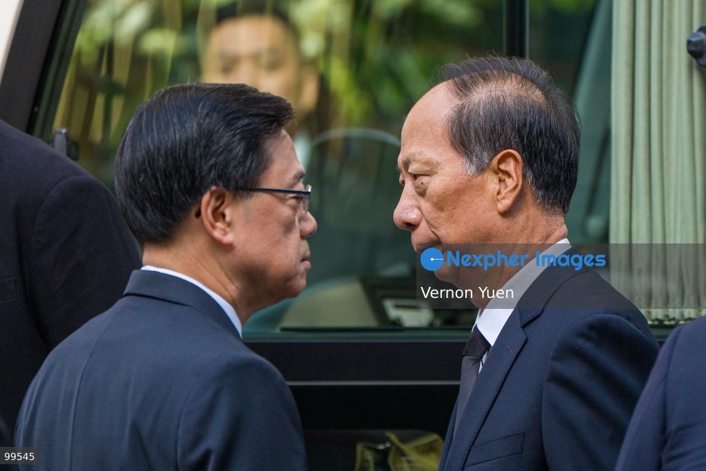 TOP PICS - (R) Shi Taifeng, member of China’s Central Committee Political Bureau (Politburo) outside and (L) Hong Kong Chief Executive John Lee the Hong Kong Funeral Home where Tung Chee-hwa’s funeral is being held on September 20, 2026 in Hong Kong. Tung Chee-hwa was Hong Kong’s first chief executive after the city’s handover from Britain to China. (Photo by Vernon Yuen/Nexpher Images)