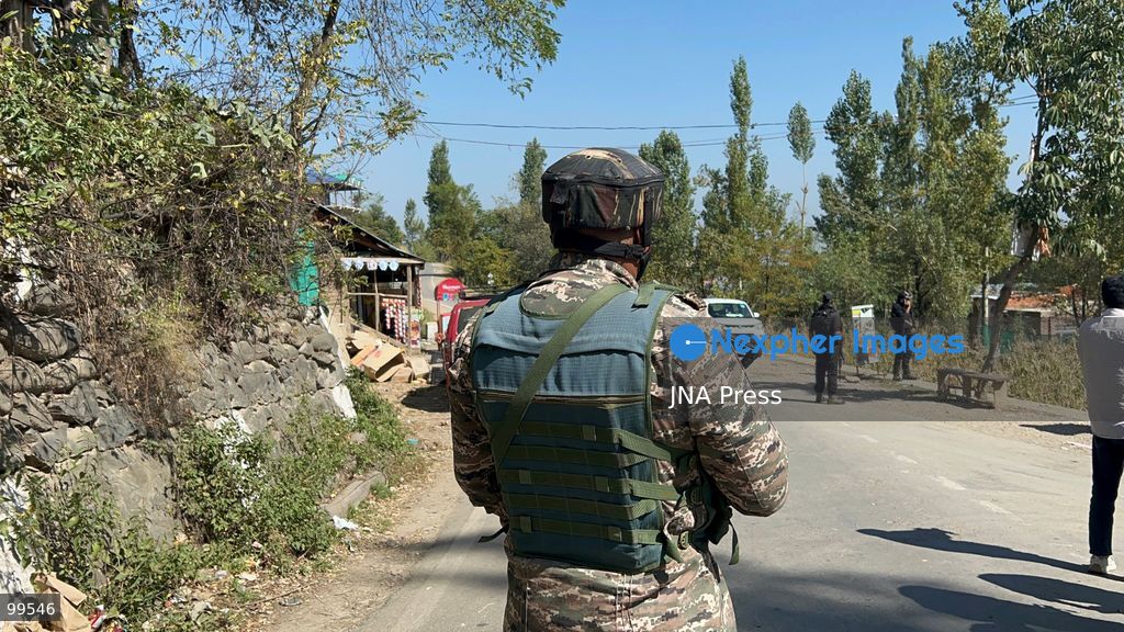 BUDGAM, KASHMIR, INDIA, SEPTEMBER 30, 2026: An armed security personnel member stands along a road during a security operation in the Korag area near Yousmarg in central Kashmir's Budgam district. Indian security forces launched a joint search operation following specific intelligence about the presence of militants in the area. The Indian Army said a Pakistan-based Lashkar-e-Taiba militant, identified as Mohammad Asif alias Hashim Moosa, was killed during an exchange of fire, while security forces continued searches in the surrounding area. Photo by Umer Qadir / JNA Press. (Photo by Umer Qadir/JNA Press via Nexpher Images)