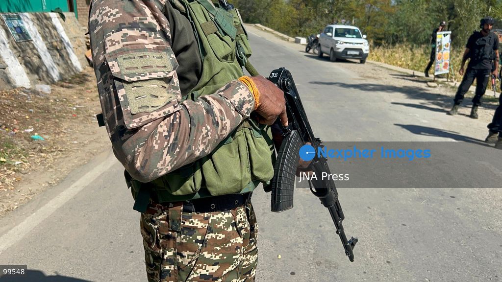 BUDGAM, KASHMIR, INDIA, SEPTEMBER 30, 2026: An armed security personnel member stands along a road during a security operation in the Korag area near Yousmarg in central Kashmir's Budgam district. Indian security forces launched a joint search operation following specific intelligence about the presence of militants in the area. The Indian Army said a Pakistan-based Lashkar-e-Taiba militant, identified as Mohammad Asif alias Hashim Moosa, was killed during an exchange of fire, while security forces continued searches in the surrounding area. Photo by Umer Qadir / JNA Press. (Photo by Umer Qadir/JNA Press via Nexpher Images)
