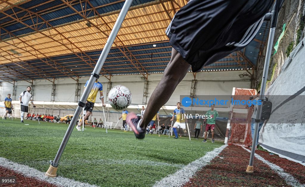 CENTRAL GAZA STRIP, SEPTEMBER 30, 2026: Palestinian amputee athletes take part in a football match in the central Gaza Strip as part of a humanitarian initiative supporting athletes who lost limbs during the war. The initiative aims to promote social inclusion and provide participants with an opportunity to return to sporting activities and rebuild their connection with everyday life through football. Photo by Ramzi Abu Amer / JNA Press (Photo by Ramzi Abu Amer/JNA Press via Nexpher Images)
