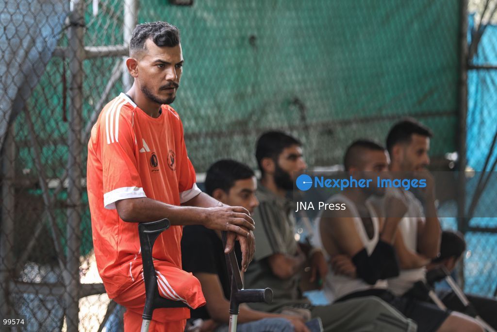 CENTRAL GAZA STRIP, SEPTEMBER 30, 2026: Palestinian amputee athletes take part in a football match in the central Gaza Strip as part of a humanitarian initiative supporting athletes who lost limbs during the war. The initiative aims to promote social inclusion and provide participants with an opportunity to return to sporting activities and rebuild their connection with everyday life through football. Photo by Ramzi Abu Amer / JNA Press (Photo by Ramzi Abu Amer/JNA Press via Nexpher Images)