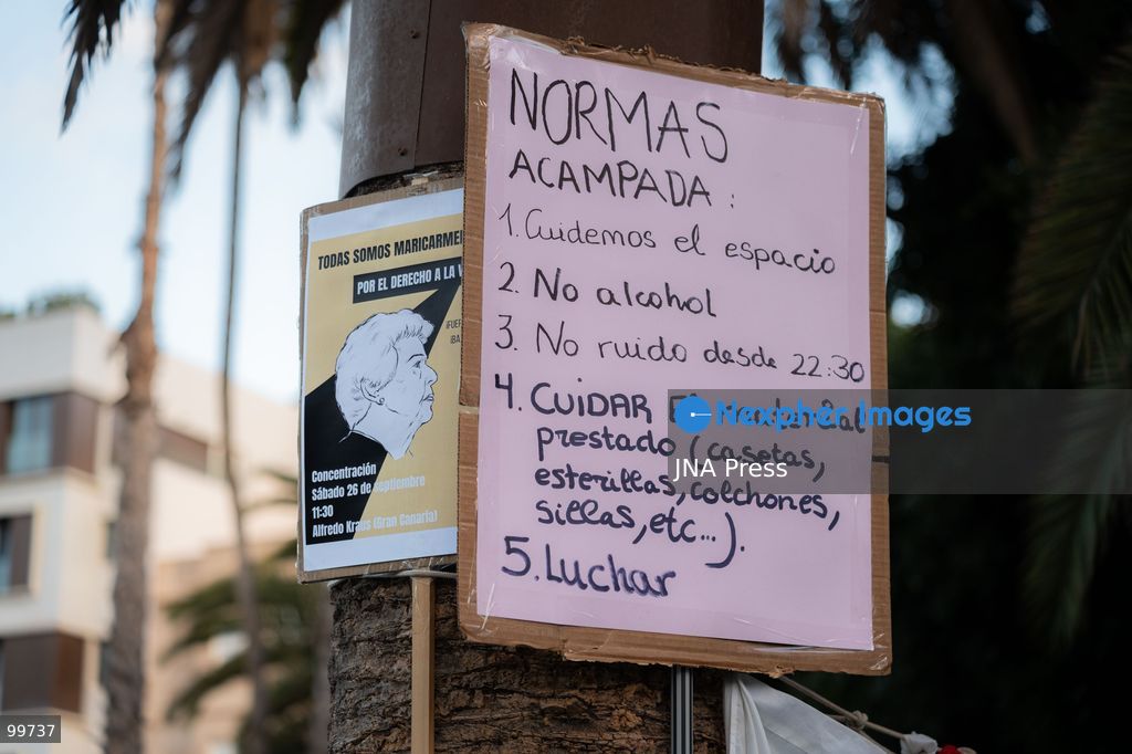 LAS PALMAS DE GRAN CANARIA, SPAIN, SEPTEMBER 30, 2026: Around 100 housing activists take part in a protest camp outside the Government Delegation in Las Palmas de Gran Canaria, calling for affordable housing and measures to address housing insecurity. The action forms part of a wider wave of housing protests and encampments across Spain following demonstrations sparked by the eviction of Madrid resident Maricarmen Abascal. Photo by Alex Basha / JNA Press. (Photo by Alex Basha/JNA Press via Nexpher Images)