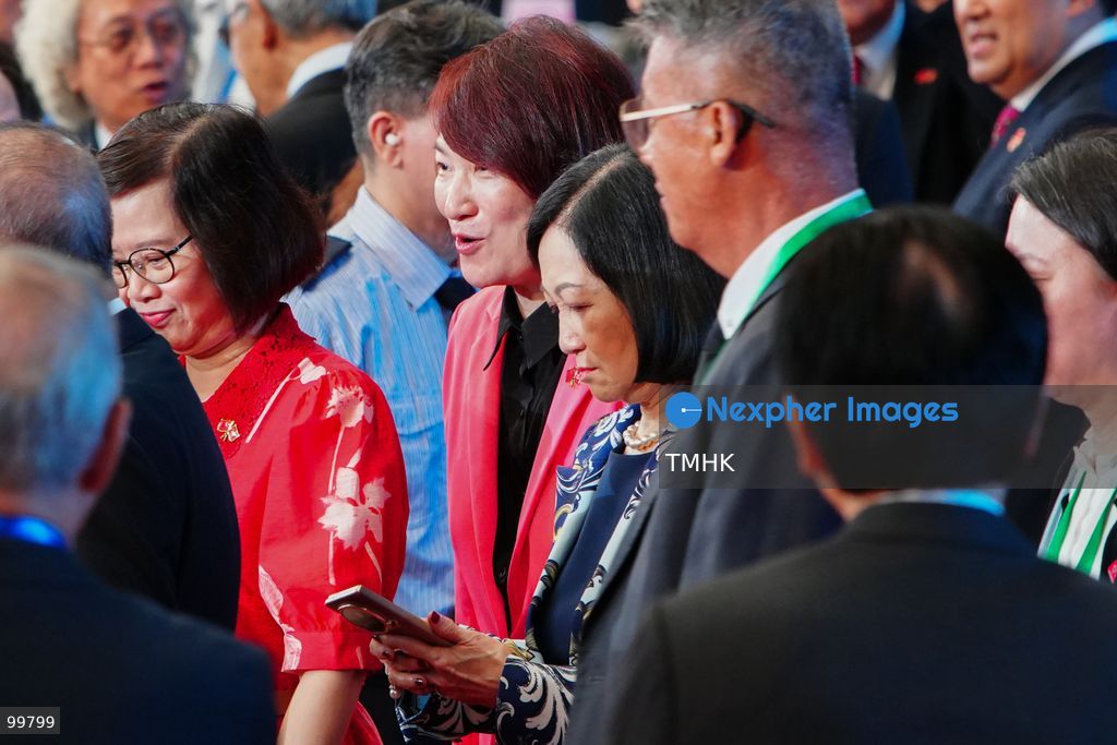 Legislative Council President Starry Lee Wai-king and Executive Council Convenor Regina Ip Lau Suk-yee arrive together at the Grand Hall of the Hong Kong Convention and Exhibition Centre to attend the 77th National Day reception on October 1, 2026 in Hong Kong. (Photo by Zulu Lo/TMHK via Nexpher Images)