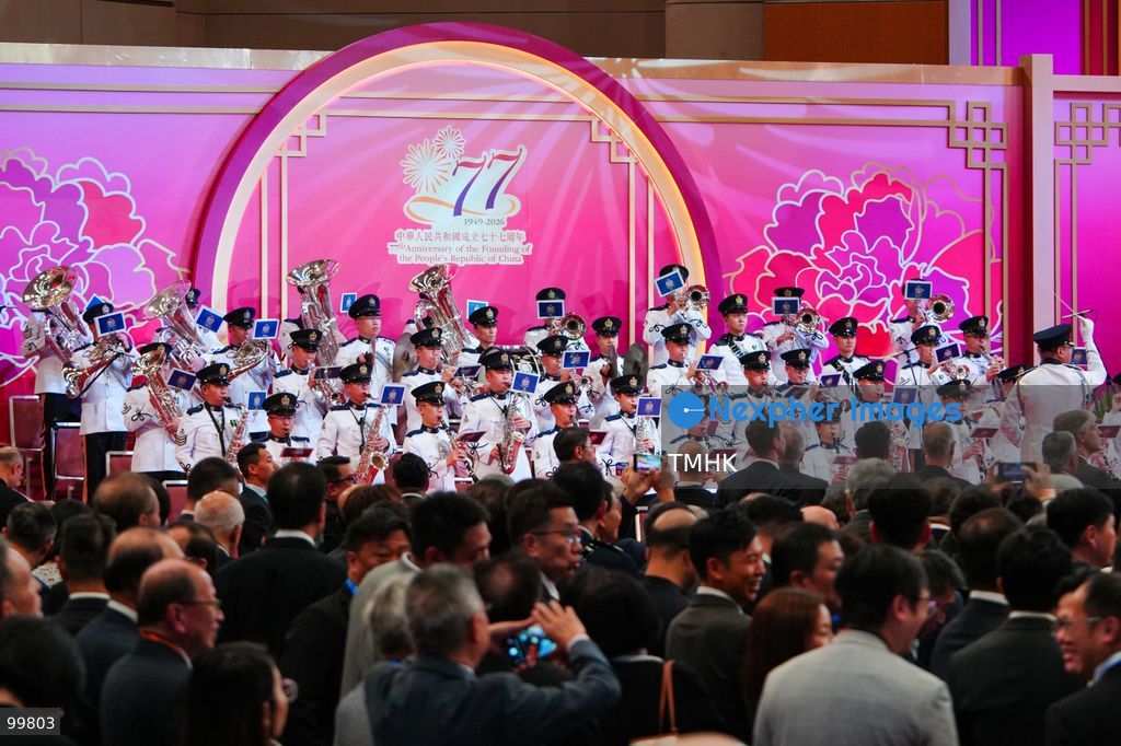 Members of the Hong Kong Police Band perform musical accompaniment during the 77th National Day reception held in the Grand Hall of the Hong Kong Convention and Exhibition Centre on October 1, 2026 in Hong Kong. (Photo by Zulu Lo/TMHK via Nexpher Images)