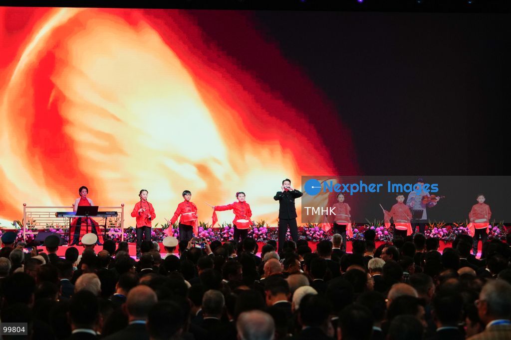 Artistes perform on stage during the cultural presentation at the official reception celebrating the 77th anniversary of the founding of the People's Republic of China in the Grand Hall of the Hong Kong Convention and Exhibition Centre on October 1, 2026 in Hong Kong. (Photo by Zulu Lo/TMHK via Nexpher Images)