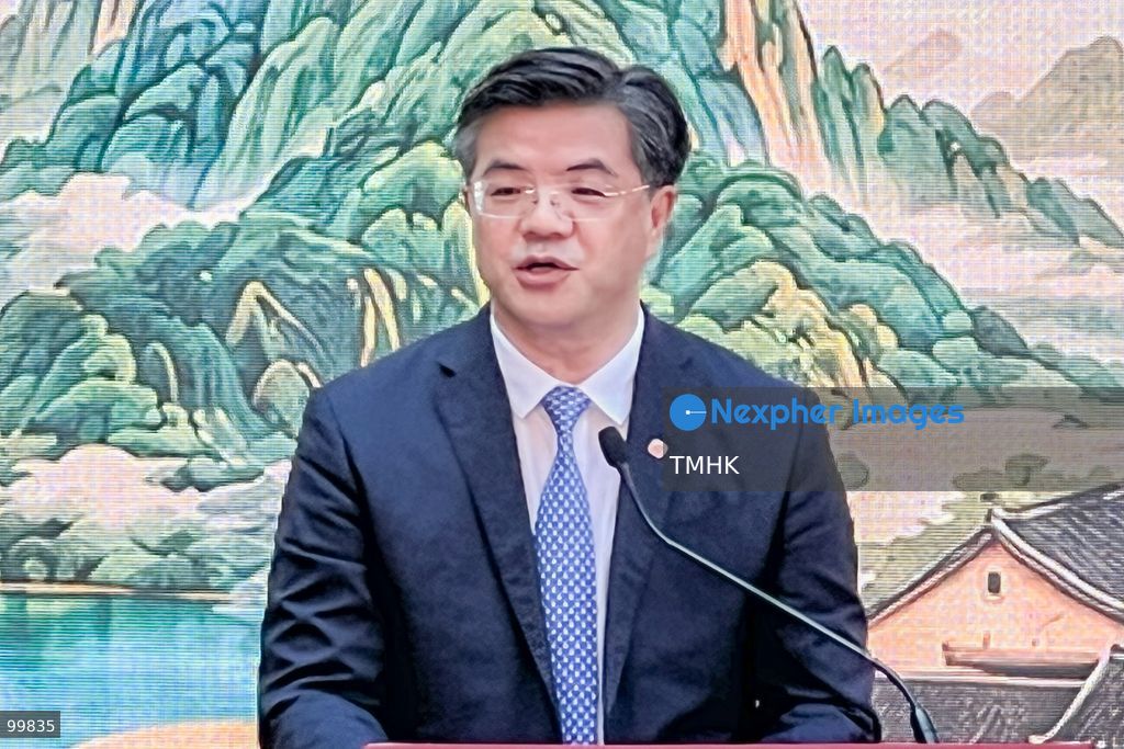 Lai Jianhua, Member of the Standing Committee of the CPC Huizhou Municipal Committee and President of the Huizhou Overseas Friendship Association, speaks at the opening ceremony of the Greater Bay Area Hakka Culture Joint Exhibition at The Hong Kong Polytechnic University on October 1, 2026 in Hong Kong. (Photo by Peter Tsang/TMHK via Nexpher Images)
