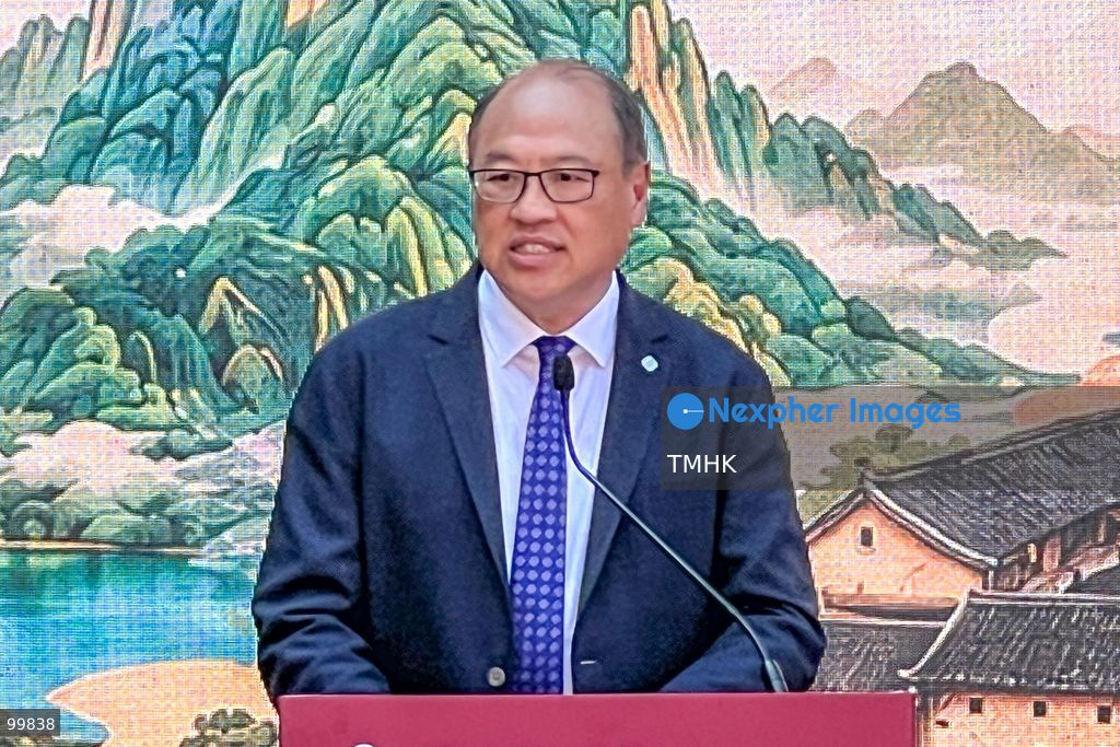 Chairman of the Council of The Hong Kong Polytechnic University Dr Lam Tai-fai speaks from the podium during the launch ceremony of the Greater Bay Area Hakka Culture Joint Exhibition as part of the 3rd PolyU Chinese Culture Festival on October 1, 2026 in Hong Kong. Lam noted the initiative aims to echo the national 15th Five-Year Plan and support Hong Kong's role as an East-meets-West centre for international cultural exchange. (Photo by Peter Tsang/TMHK via Nexpher Images)