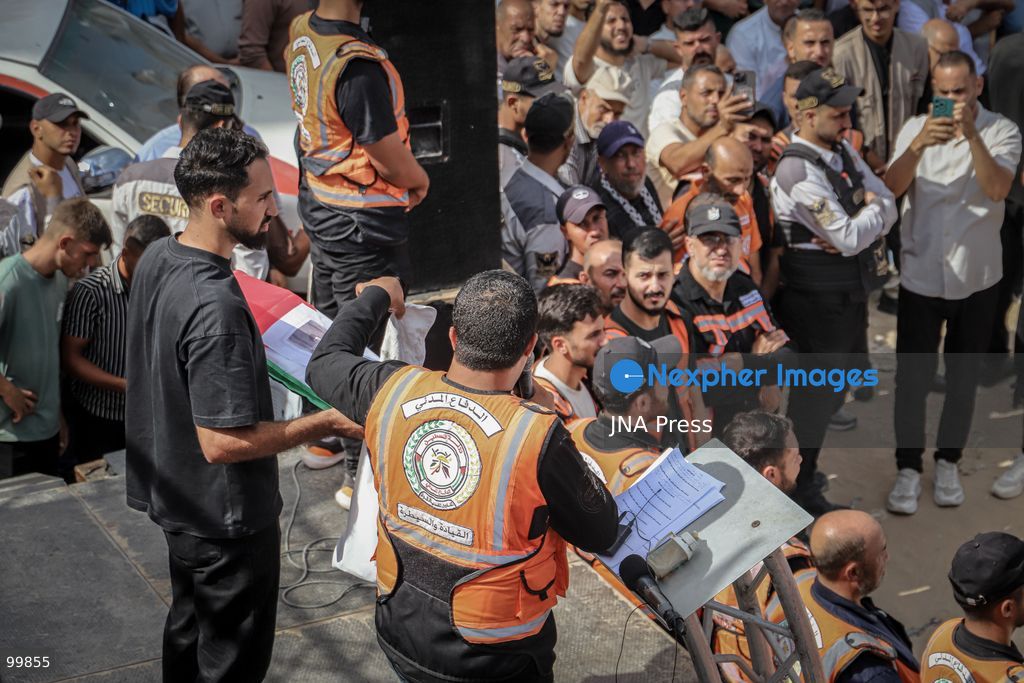 GAZA CITY, GAZA STRIP, OCTOBER 1, 2026: Palestinian families bid farewell to the remains of 105 Palestinians whose bodies were recovered from beneath the rubble of the Al-Taj residential area in Gaza City. The victims were killed in Israeli airstrikes on October 25, 2023, when residential buildings in the Yarmouk area were destroyed. Gaza Civil Defense teams recovered the bodies and remains after a 17-day search operation carried out in coordination with an Egyptian committee. Families gathered to identify their relatives and pay their final respects before burial. Photo by Mohammed M. Skaik / JNA Press. (Photo by Mohammed M Skaik/JNA Press via Nexpher Images)
