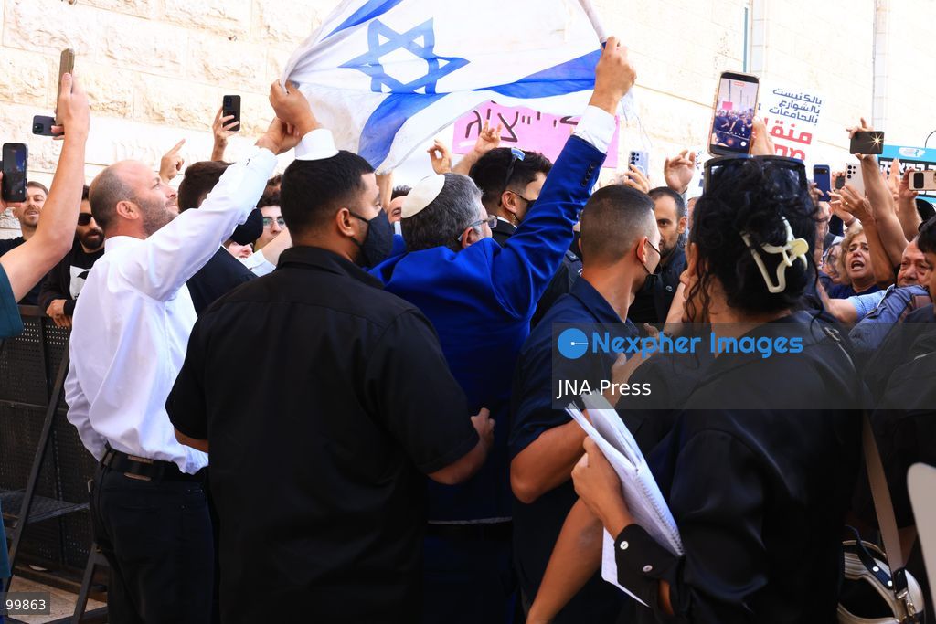 JERUSALEM, ISRAEL, OCTOBER 1, 2026: Activists protest outside the Israeli Supreme Court against the disqualification of Arab political parties and candidates from the upcoming parliamentary elections. The court began hearings on appeals against decisions by the Central Elections Committee to disqualify the Ra'am and Joint List parties, as well as candidates Ofer Cassif and Sami Abu Shehadeh. National Security Minister Itamar Ben-Gvir, whose party sought the disqualification of Abu Shehadeh, also arrived at the court as supporters and opponents gathered outside. Photo by Jacob Middleburgh / JNA Press (Photo by Jacob Middleburgh/JNA Press via Nexpher Images)