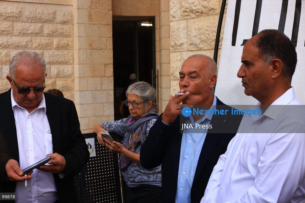 JERUSALEM, ISRAEL, OCTOBER 1, 2026: Activists protest outside the Israeli Supreme Court against the disqualification of Arab political parties and candidates from the upcoming parliamentary elections. The court began hearings on appeals against decisions by the Central Elections Committee to disqualify the Ra'am and Joint List parties, as well as candidates Ofer Cassif and Sami Abu Shehadeh. National Security Minister Itamar Ben-Gvir, whose party sought the disqualification of Abu Shehadeh, also arrived at the court as supporters and opponents gathered outside. Photo by Jacob Middleburgh / JNA Press (Photo by Jacob Middleburgh/JNA Press via Nexpher Images)