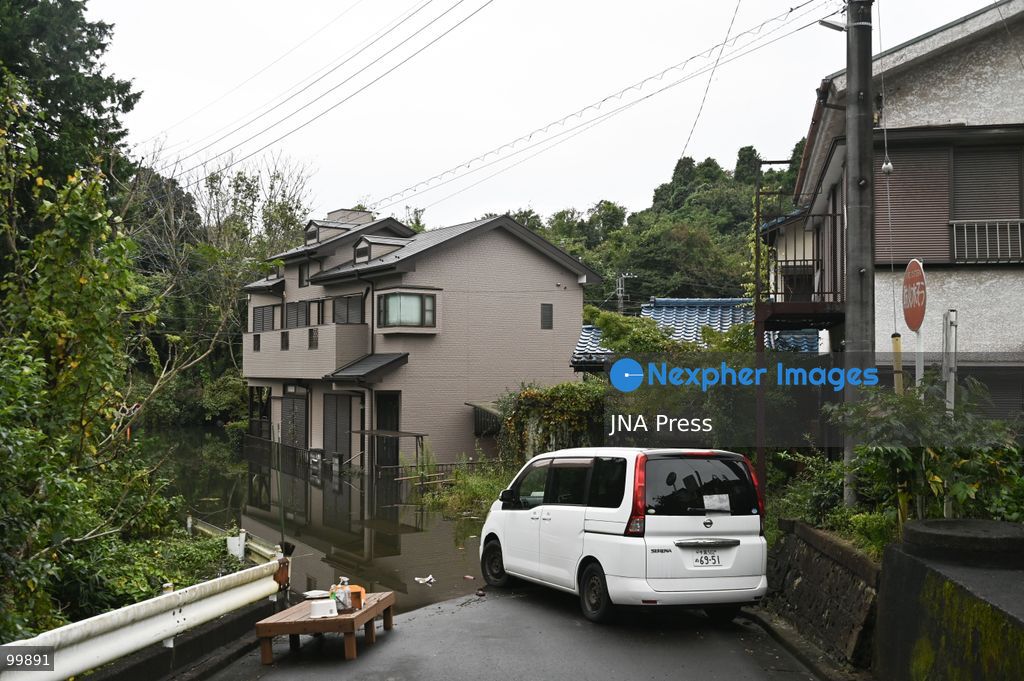 CHIBA, JAPAN, OCTOBER 1, 2026: Flooding affects a residential area in Chiba after heavy rains associated with Typhoon No. 25 caused a long-neglected embankment to collapse, blocking a drainage channel. With another typhoon approaching, residents face continued flooding as restoration work has yet to be completed. Photo by Soichiro Koriyama / JNA Press. (Photo by Soichiro Koriyama/JNA Press via Nexpher Images)