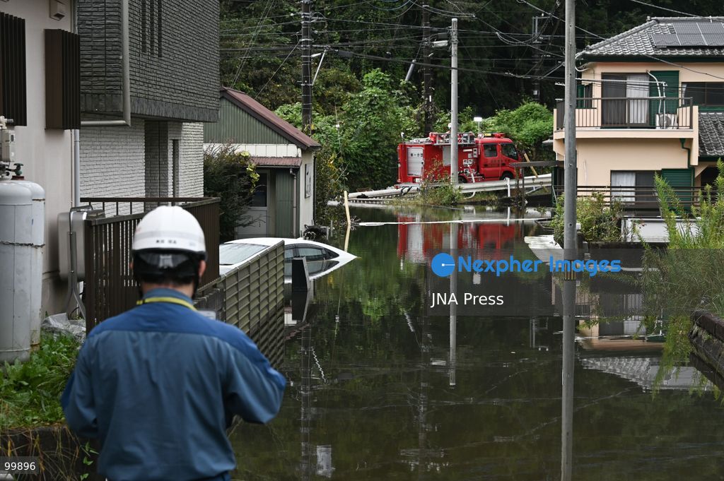 CHIBA, JAPAN, OCTOBER 1, 2026: Flooding affects a residential area in Chiba after heavy rains associated with Typhoon No. 25 caused a long-neglected embankment to collapse, blocking a drainage channel. With another typhoon approaching, residents face continued flooding as restoration work has yet to be completed. Photo by Soichiro Koriyama / JNA Press. (Photo by Soichiro Koriyama/JNA Press via Nexpher Images)