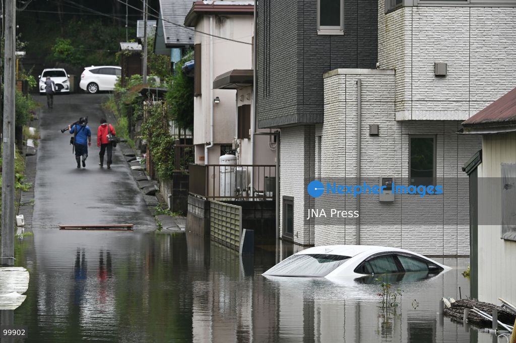 CHIBA, JAPAN, OCTOBER 1, 2026: Flooding affects a residential area in Chiba after heavy rains associated with Typhoon No. 25 caused a long-neglected embankment to collapse, blocking a drainage channel. With another typhoon approaching, residents face continued flooding as restoration work has yet to be completed. Photo by Soichiro Koriyama / JNA Press. (Photo by Soichiro Koriyama/JNA Press via Nexpher Images)