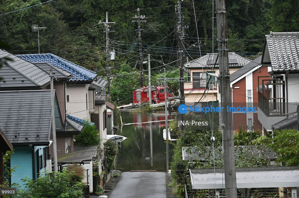 CHIBA, JAPAN, OCTOBER 1, 2026: Flooding affects a residential area in Chiba after heavy rains associated with Typhoon No. 25 caused a long-neglected embankment to collapse, blocking a drainage channel. With another typhoon approaching, residents face continued flooding as restoration work has yet to be completed. Photo by Soichiro Koriyama / JNA Press. (Photo by Soichiro Koriyama/JNA Press via Nexpher Images)
