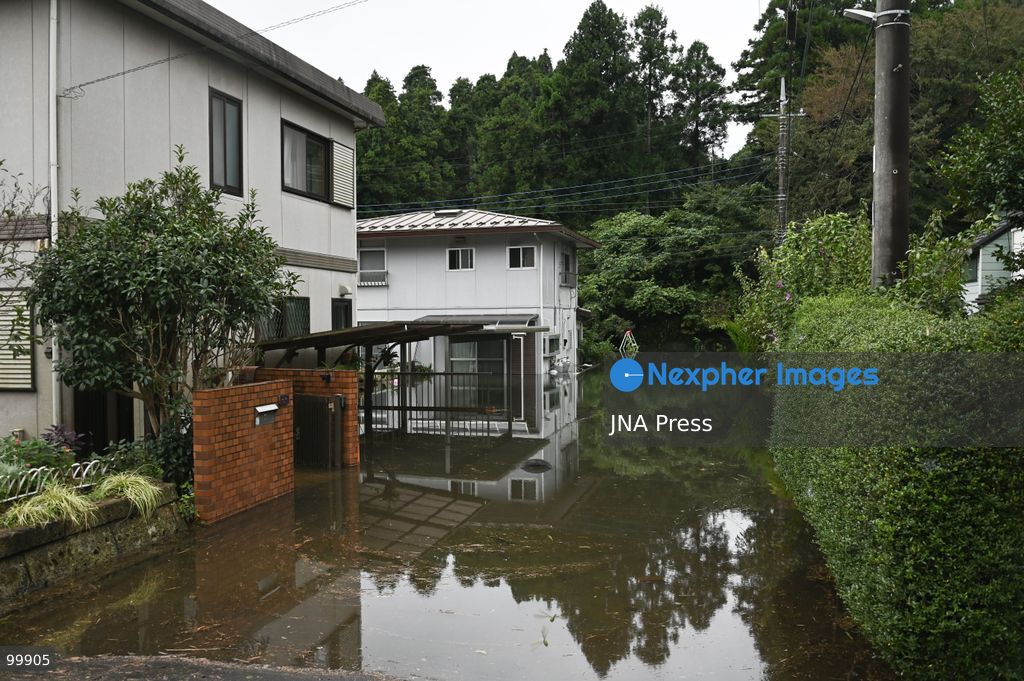 CHIBA, JAPAN, OCTOBER 1, 2026: Flooding affects a residential area in Chiba after heavy rains associated with Typhoon No. 25 caused a long-neglected embankment to collapse, blocking a drainage channel. With another typhoon approaching, residents face continued flooding as restoration work has yet to be completed. Photo by Soichiro Koriyama / JNA Press. (Photo by Soichiro Koriyama/JNA Press via Nexpher Images)