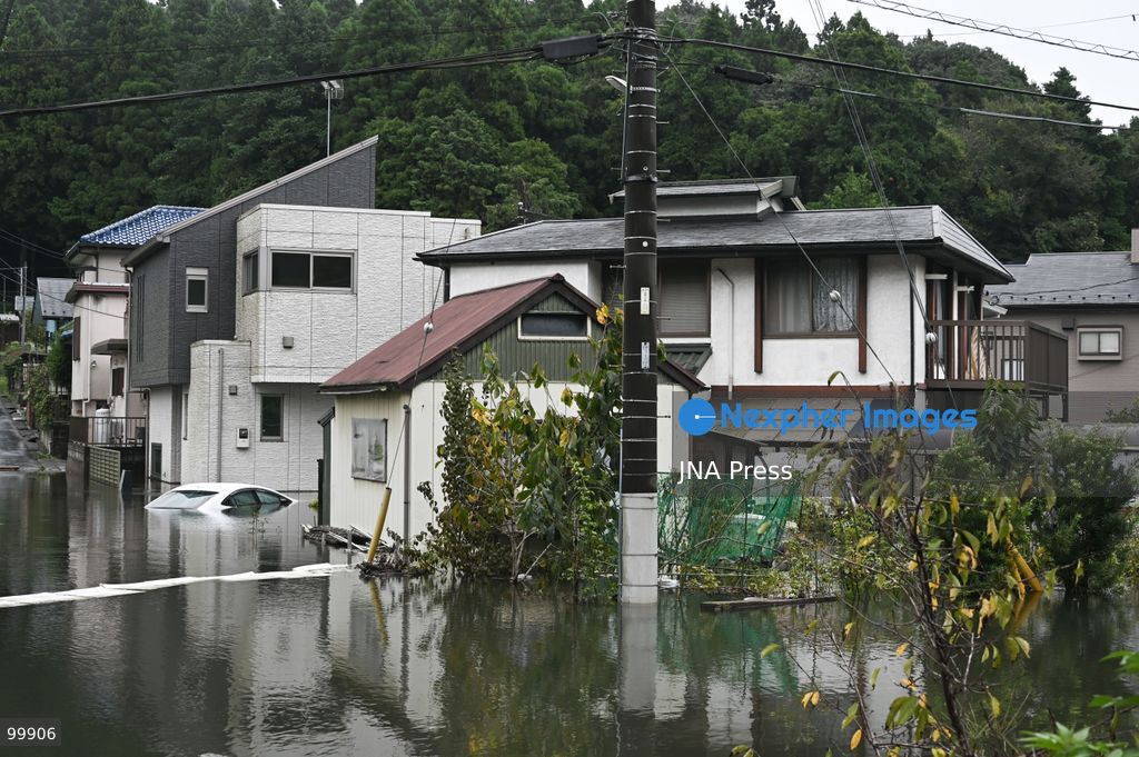 CHIBA, JAPAN, OCTOBER 1, 2026: Flooding affects a residential area in Chiba after heavy rains associated with Typhoon No. 25 caused a long-neglected embankment to collapse, blocking a drainage channel. With another typhoon approaching, residents face continued flooding as restoration work has yet to be completed. Photo by Soichiro Koriyama / JNA Press. (Photo by Soichiro Koriyama/JNA Press via Nexpher Images)